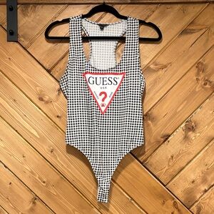 GUESS Black & White Gingham Logo One-Piece Thong Bodysuit Large Snap Closure